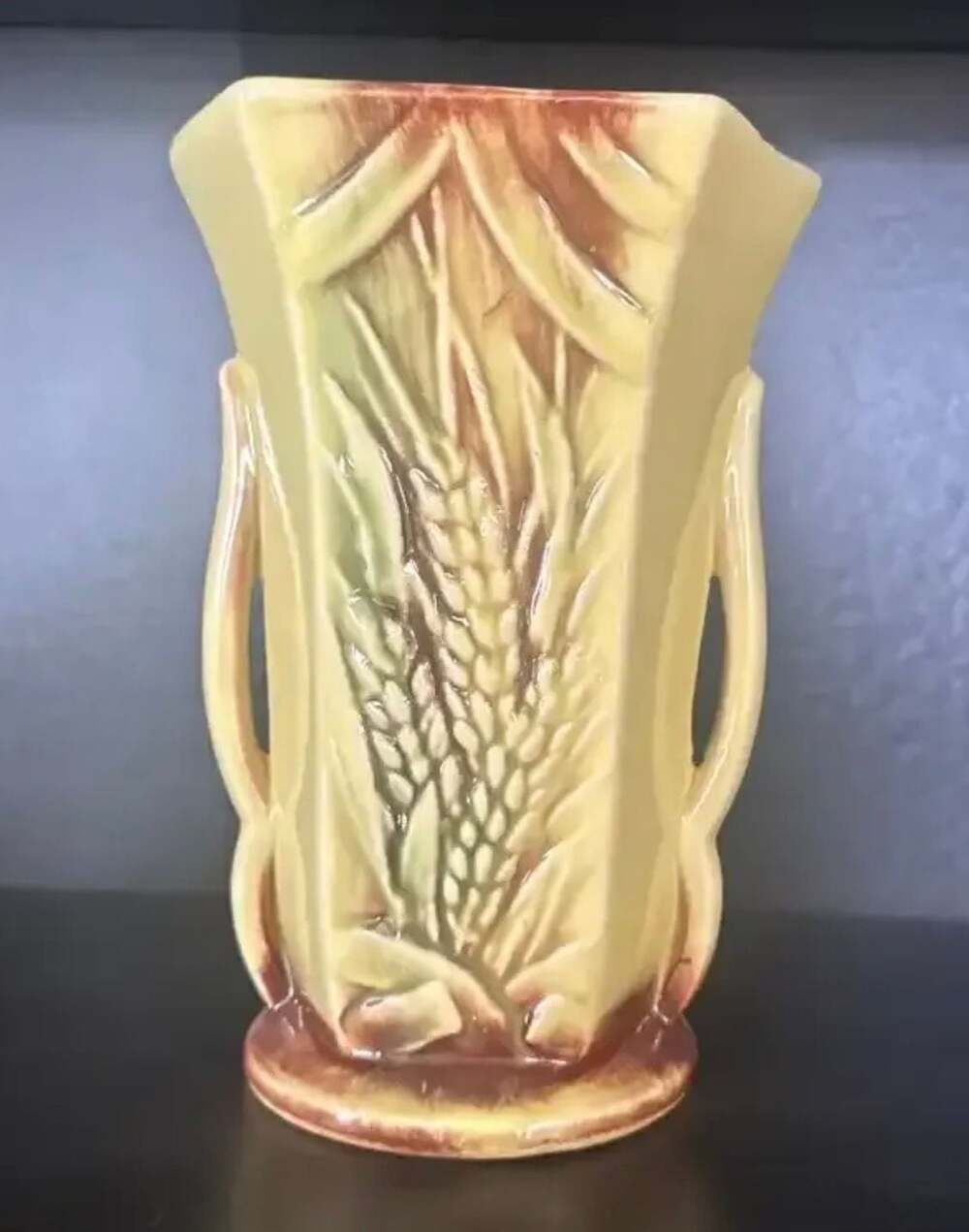 Vintage McCoy Wheat Vase Yellow, Brown, Green - 8.5" Double Shaft Handle 1950's